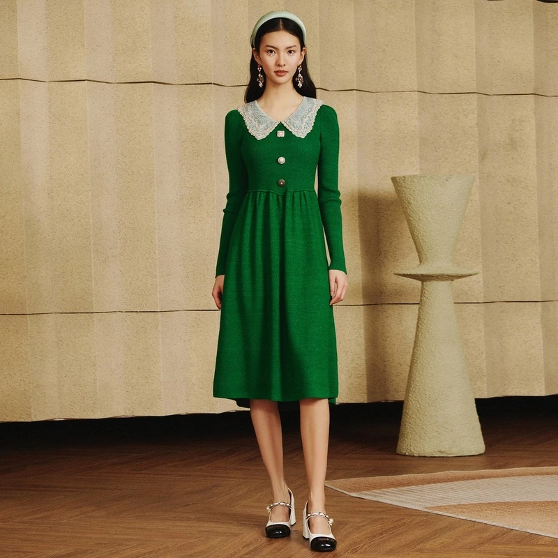 MAXRIENYMAXRIENY法式复古刺绣领松石绿毛针织连衣裙
