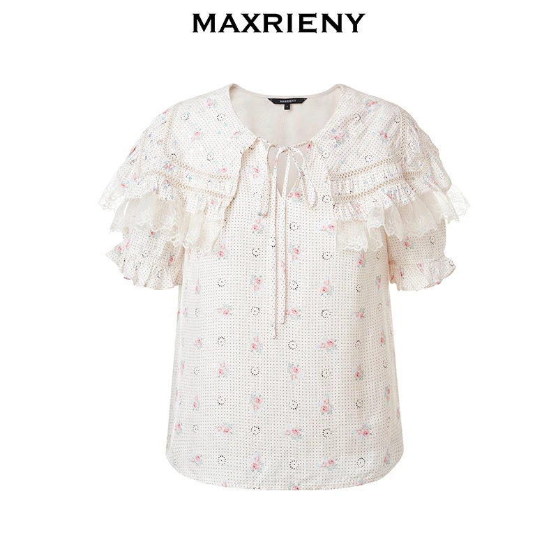 MAXRIENY复古套头公主山2022秋季碎花翻领雪纺衫洋气荷叶边上衣女