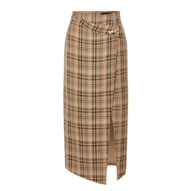 复古格纹侧开衩解构半身裙秋季温柔风裙子