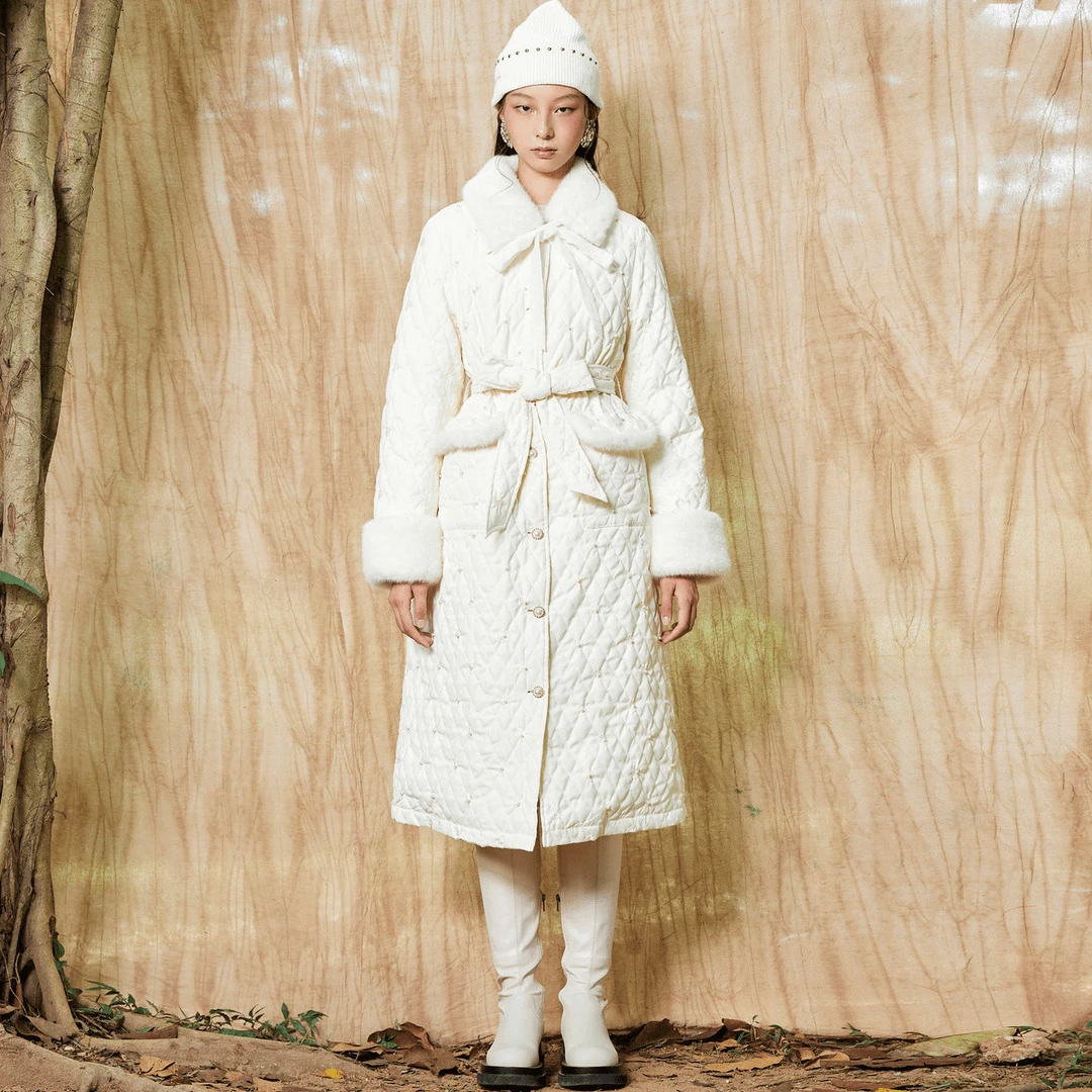 MAXRIENY复古蝴蝶结翻毛领羽绒服中长款冬季羽绒服女外套
