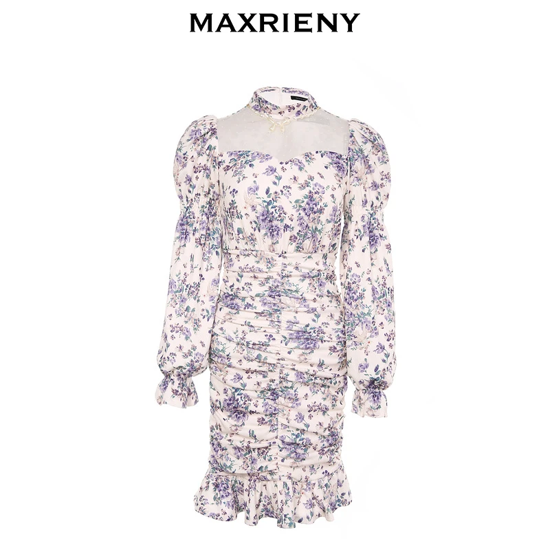 MAXRIENY法式碎花连衣裙女冬季修身复古收腰包臀短裙设计师优雅