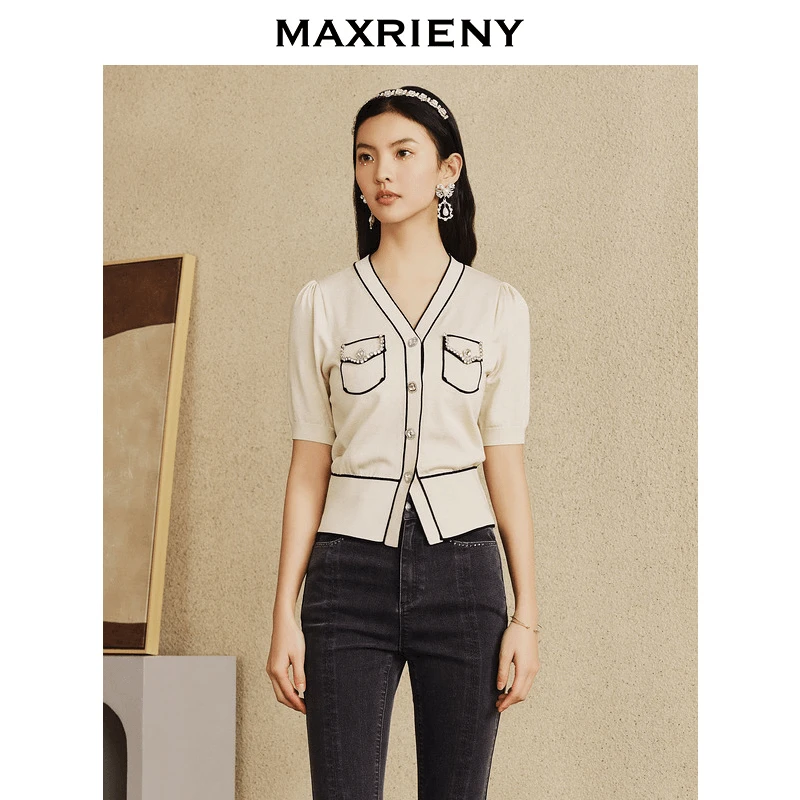 MAXRIENY小香风钻链设计感毛衫女针织衫通勤风百搭开衫上衣女