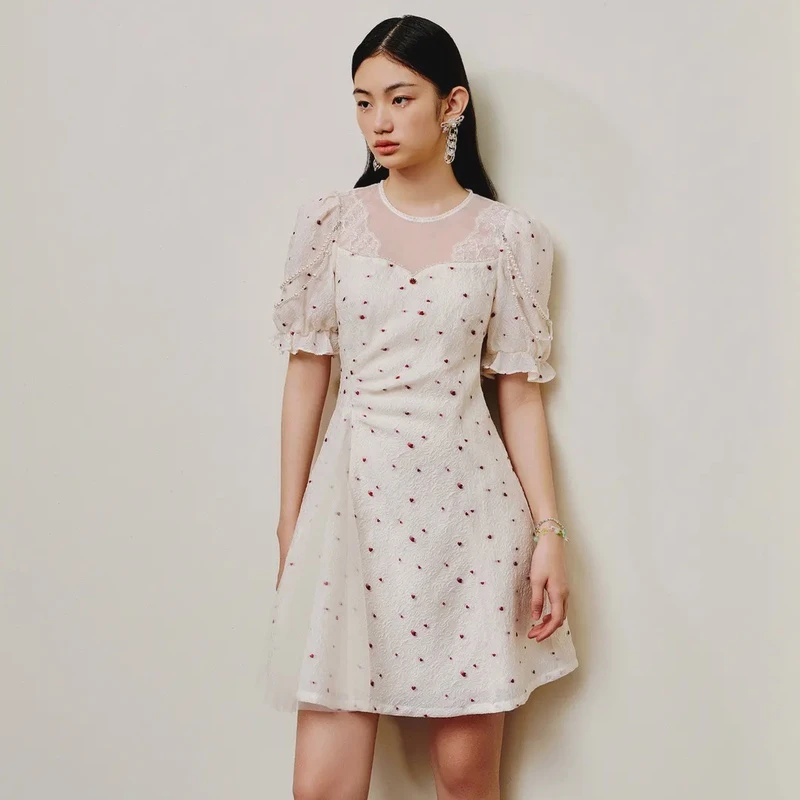 MAXRIENY甜美复古法式裙子泡泡袖气质衬衫拼接连衣裙怦然心动裙