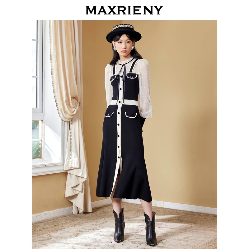 MAXRIENY赫拉小姐气质撞色一步裙2022秋季假两件吊带连衣裙设计感
