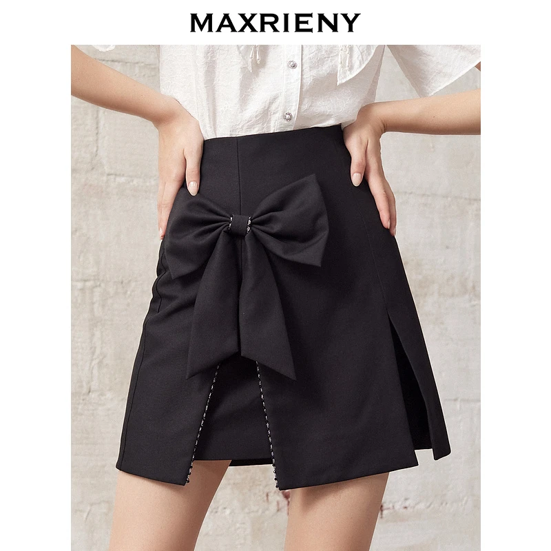 MAXRIENY2021秋季新款高腰设计感直筒蝴蝶结短裙半身裙百搭