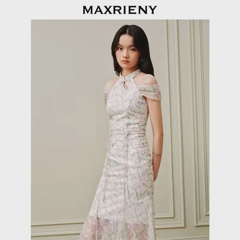 【薄荷曼波】MAXRIENY国风新中式挂脖印花连衣裙立领设计唯美裙子