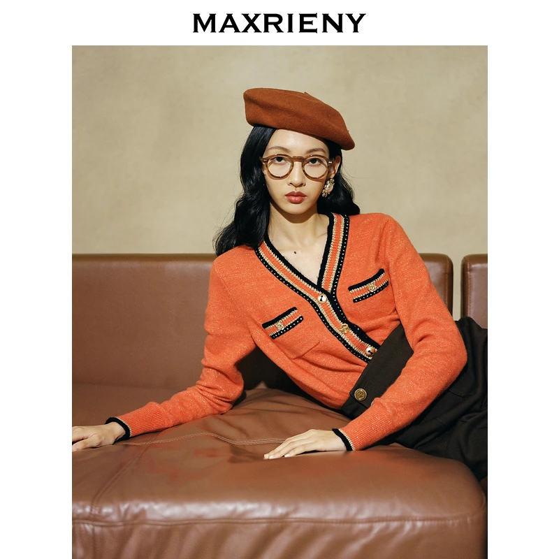 【商场同款】MAXRIENY2022显瘦毛衫条纹气质长袖拼色复古