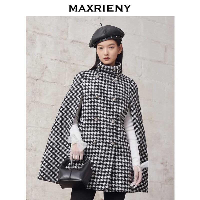 【商场同款】MAXRIENY复古千鸟格斗篷大衣女2021冬季新款毛呢外套
