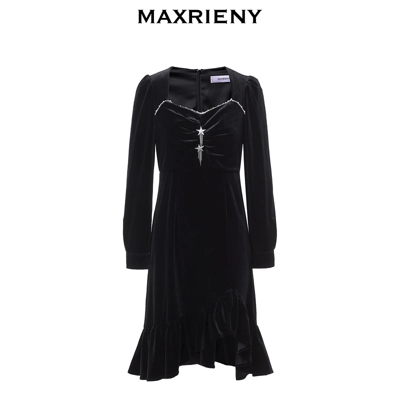 MAXRIENY优雅鱼尾丝绒连衣裙冬季荷叶边裙摆法式复古裙子