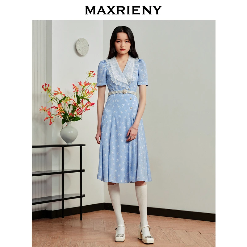MAXRIENY肌理感蓝色撞色印花复古连衣裙23新款夏日浪漫泡泡袖裙子