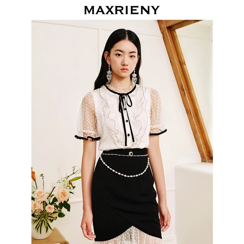 MAXRIENY宫廷复古风荷叶边波点蕾丝雪纺衫夏日网纱波点上衣女