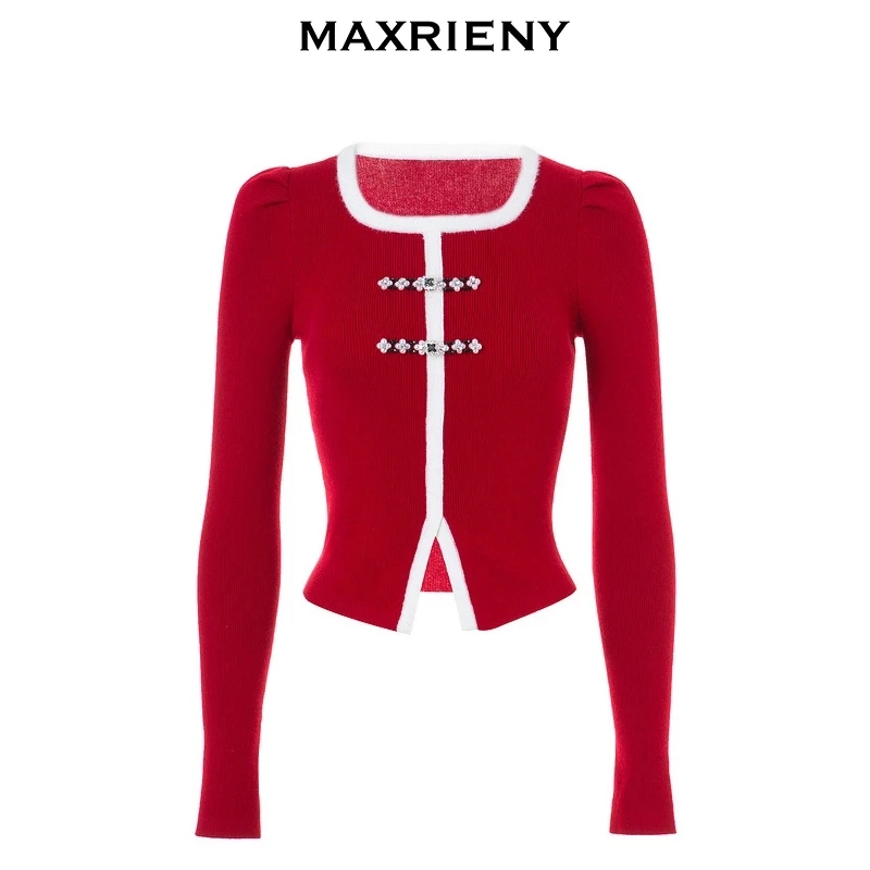 MAXRIENY国风新中式套头针织盘扣短款长袖修身上衣勃艮第酒红秋冬