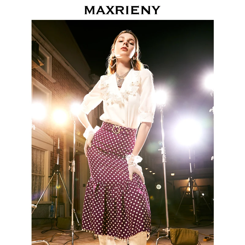 MAXRIENY波点高腰包臀裙女秋季半身裙修身鱼尾裙