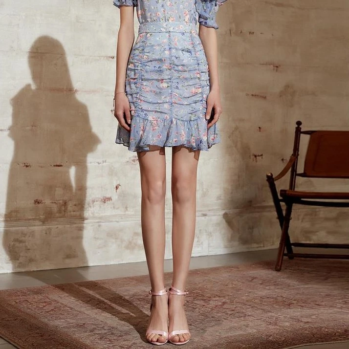 MAXRIENY褶皱堆堆裙洋气夏季时尚碎花半身裙气质修身A字短裙