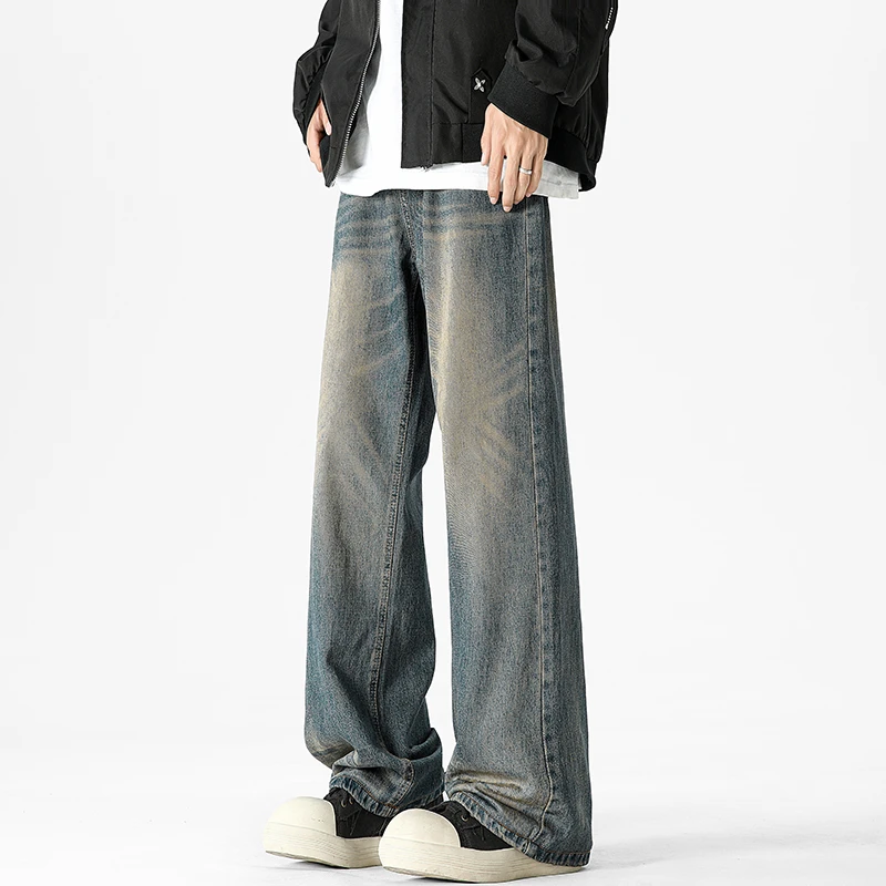 秋冬重磅软牛仔韩版A字型宽松阔腿牛仔裤男潮牌直筒垂感长裤子