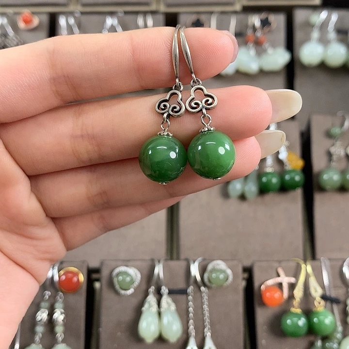 和田玉耳饰银S925镶嵌12mm