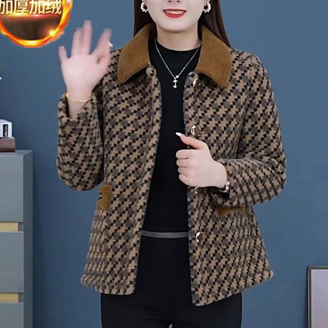 冬季新款时尚小方领加绒加厚毛呢外套女士保暖上衣减龄显瘦妈妈装