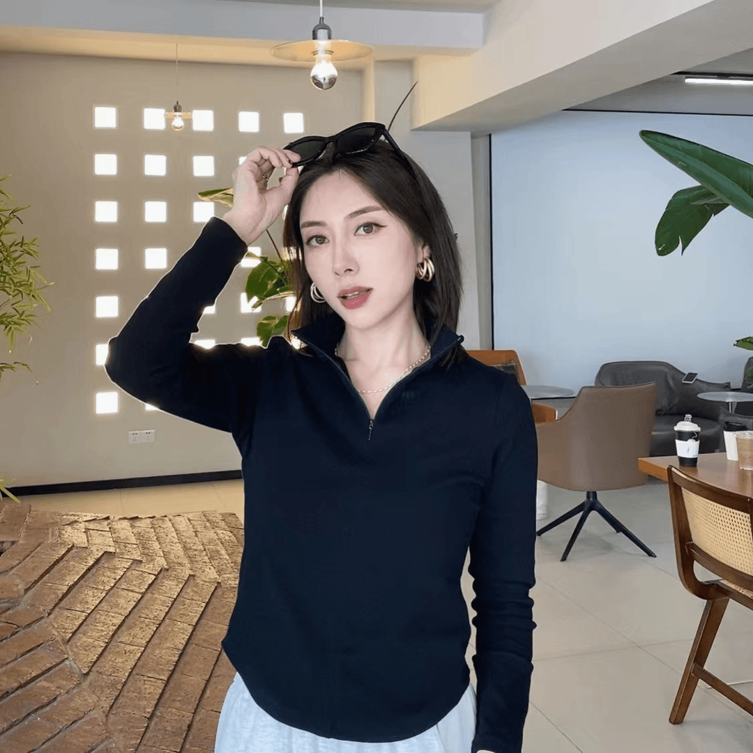 春季新款半拉链女款立领套头纯色打底T恤休闲百搭时尚上衣