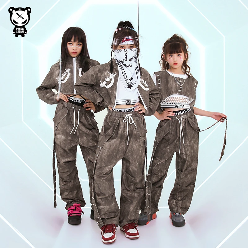 少儿童hiphop街舞爵士舞架子鼓扎染马甲外套长裤男女童演出服套装