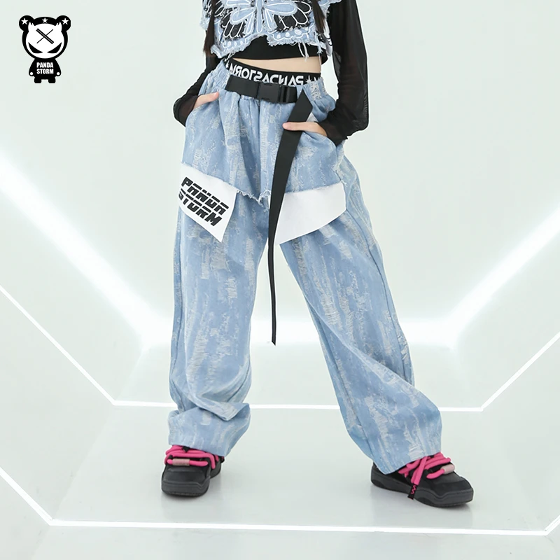 少儿街舞爵士舞走秀架子鼓宽松hiphop破洞牛仔裤男女童演出服潮服