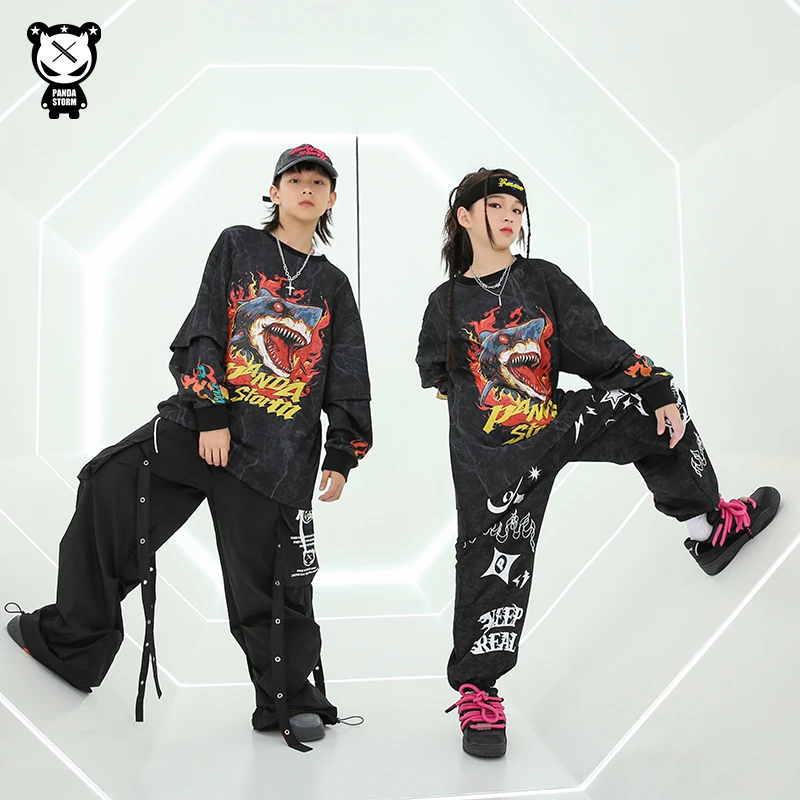 少儿潮酷街舞爵士舞架子鼓鲨鱼假两件T恤hiphop男女童演出服套装