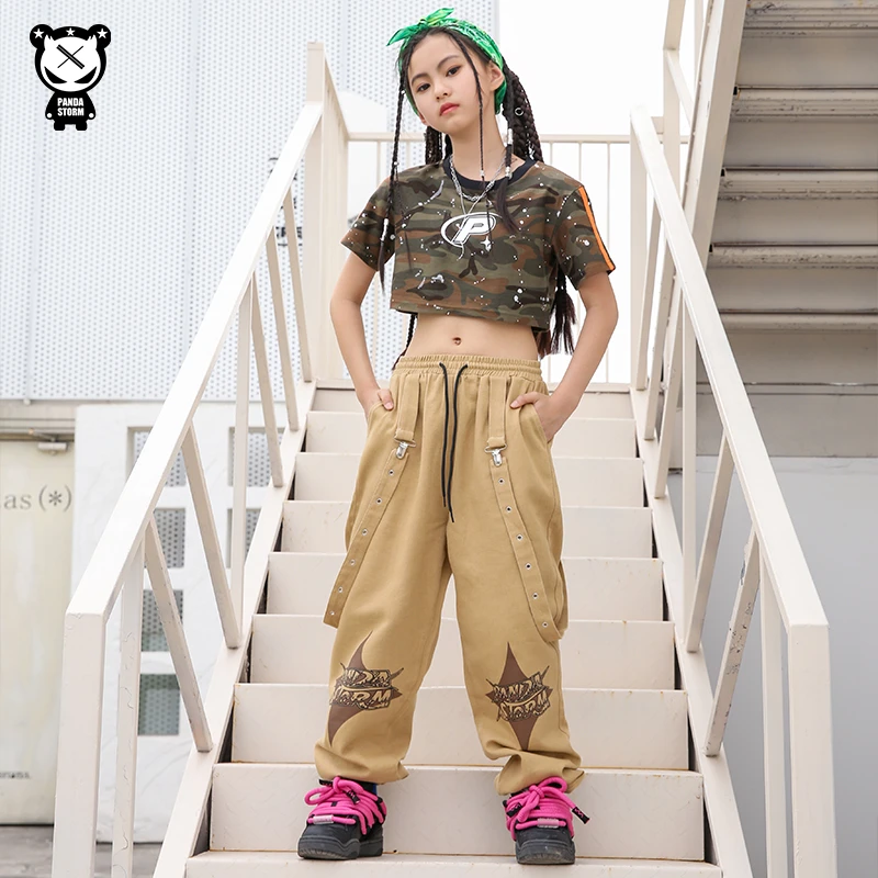 六一少儿爵士街舞走秀架子鼓男女童hiphop迷彩短袖T恤演出服套装