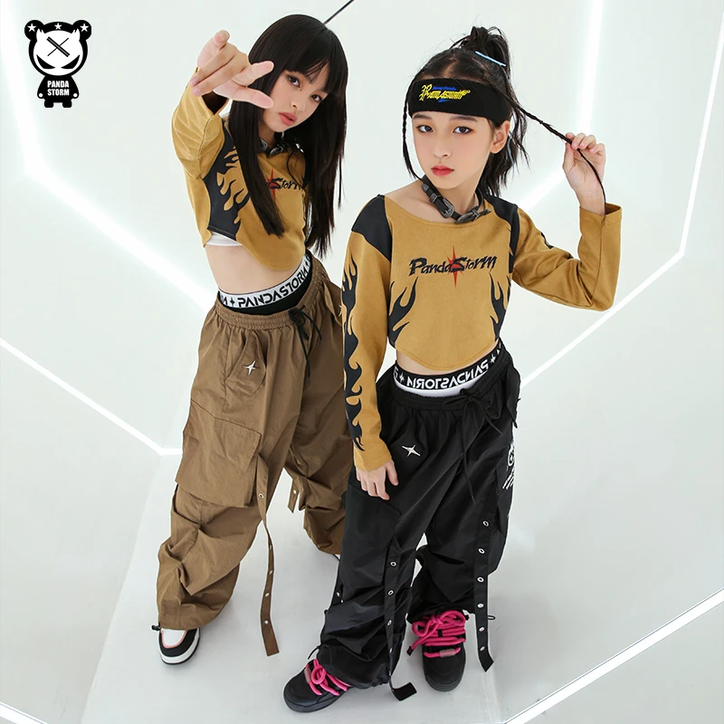 女童爵士舞潮炫酷街舞走秀架子鼓hiphop长袖T恤男女童演出服套装