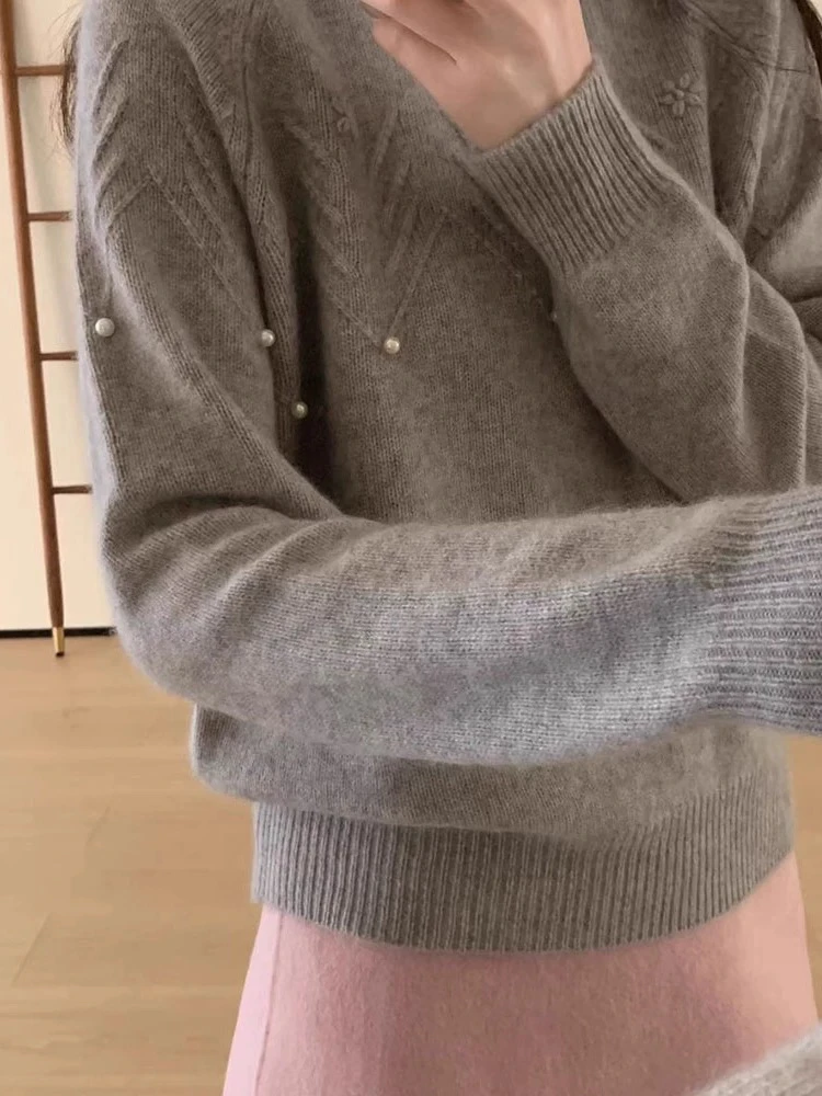 大荣家 重工漂亮灰色订珠毛衣830