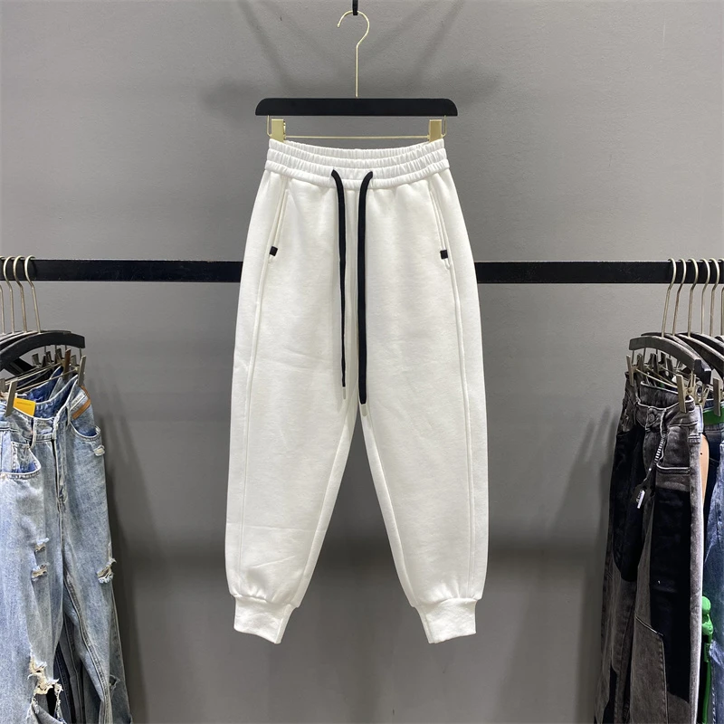 idiz白色加绒束脚卫裤女冬季新款时尚加绒加厚宽松显瘦运动哈伦裤