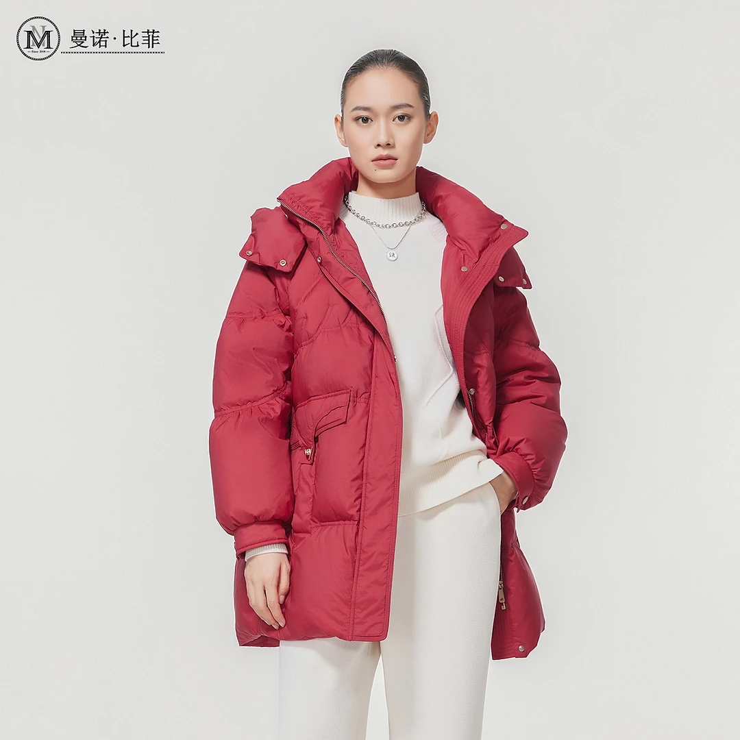 曼诺比菲商场同款冬季中长款鸭绒羽绒服连帽外套大衣女MECI145113