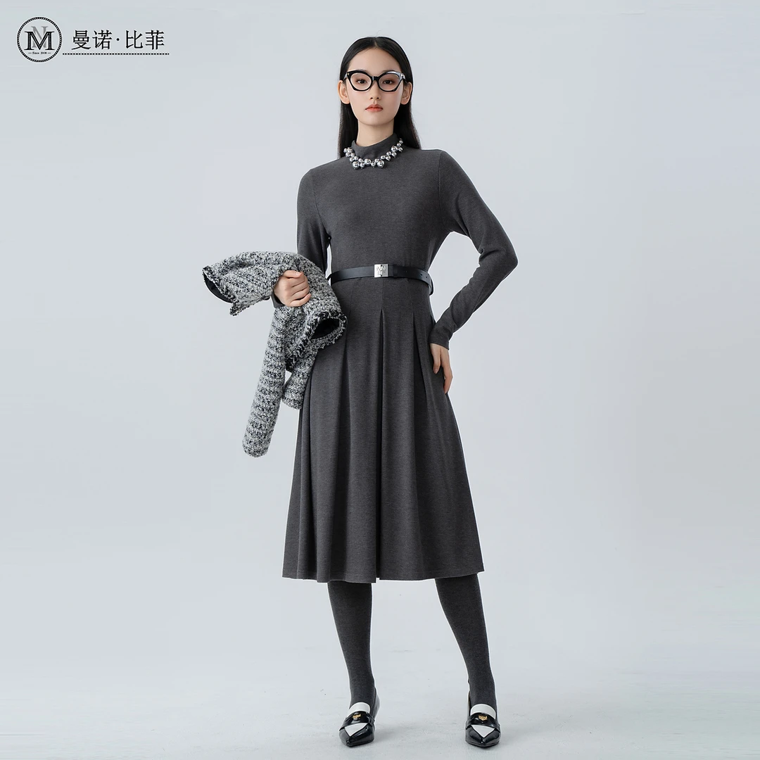 曼诺比菲商场同款冬季醋酸羊毛连衣裙女修身打底裙MFEL143178