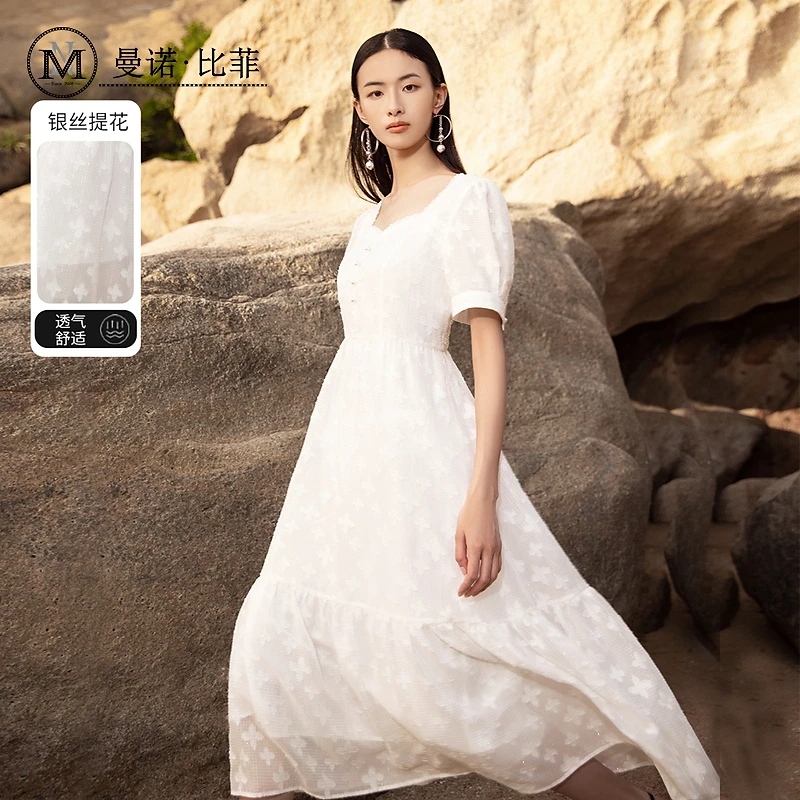 曼诺比菲专柜同款夏季白色印花连衣裙花边领口钉珠MEBL123085