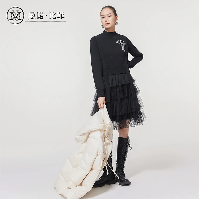 曼诺比菲商场同款冬季黑色半高领上衣网纱裙两件套MEIL143073