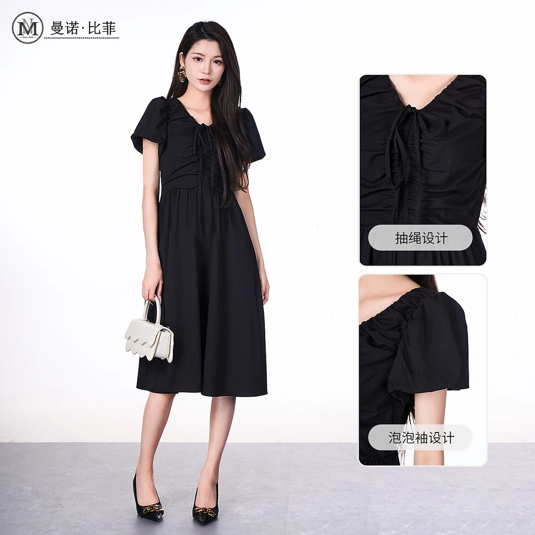 曼诺比菲夏季赫本风黑色连衣裙女气质显瘦DMEBL121088
