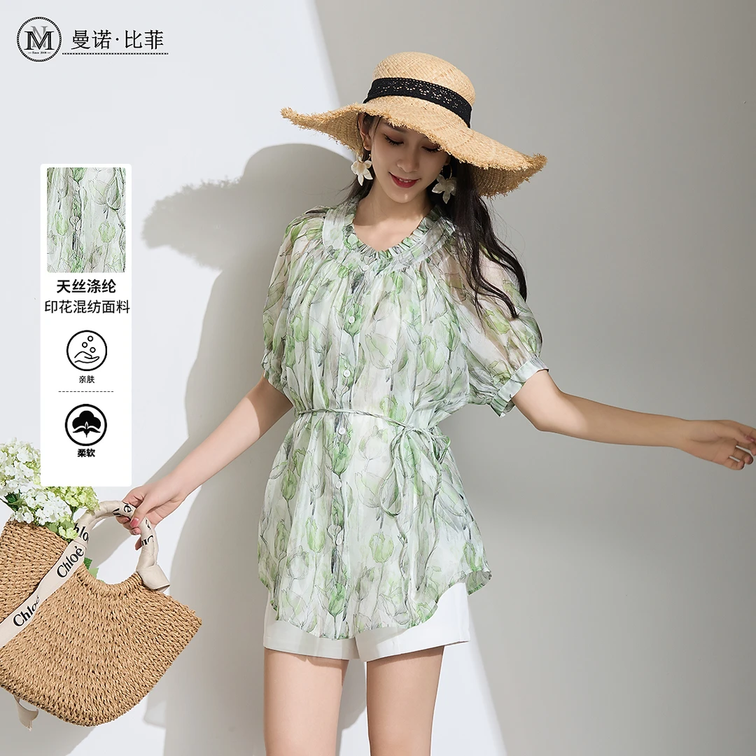 曼诺比菲专柜同款夏季新中式花色上衣防晒T恤优雅MEHS124107