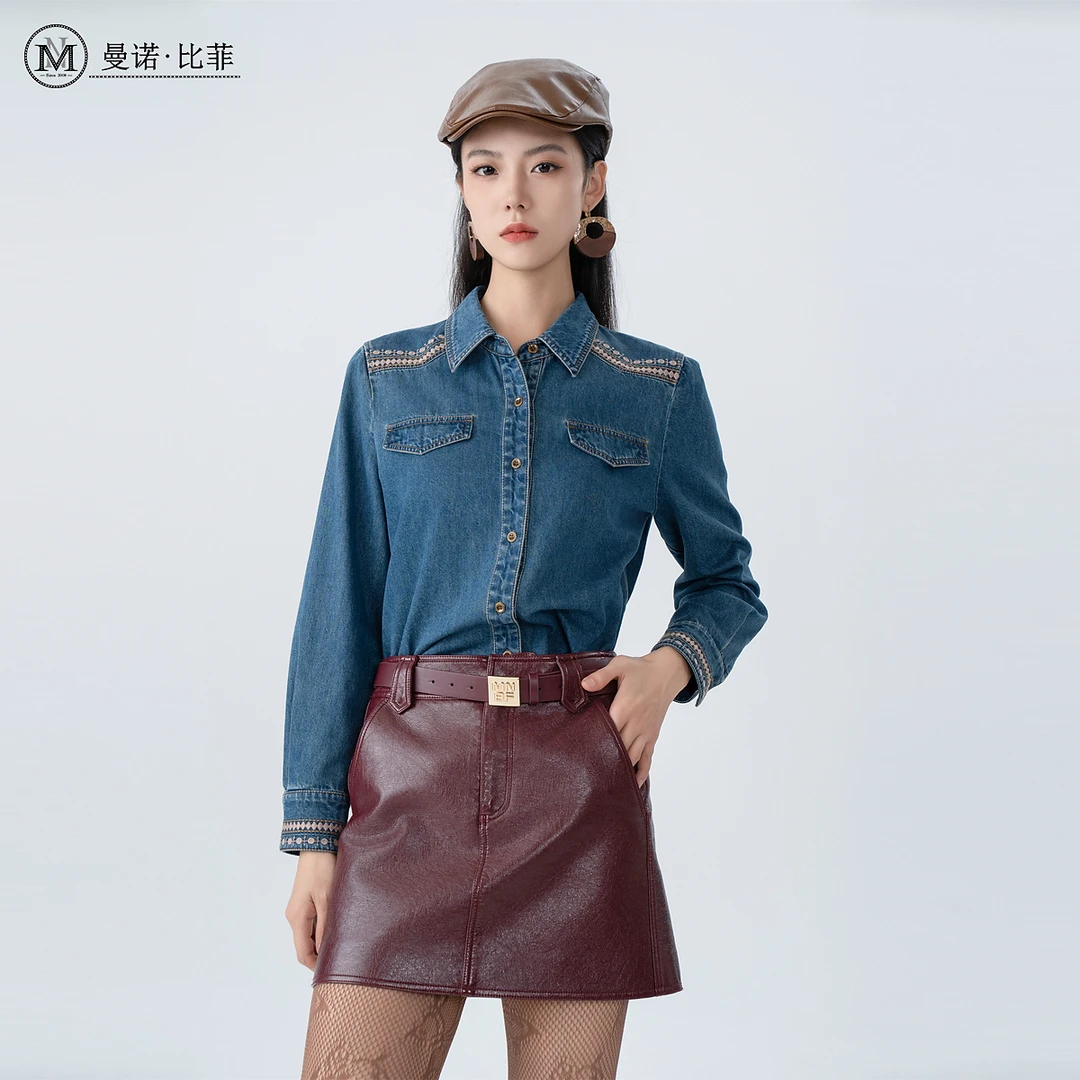 曼诺比菲商场同款冬季复古百搭翻领水洗牛仔衬衫女MFES141004