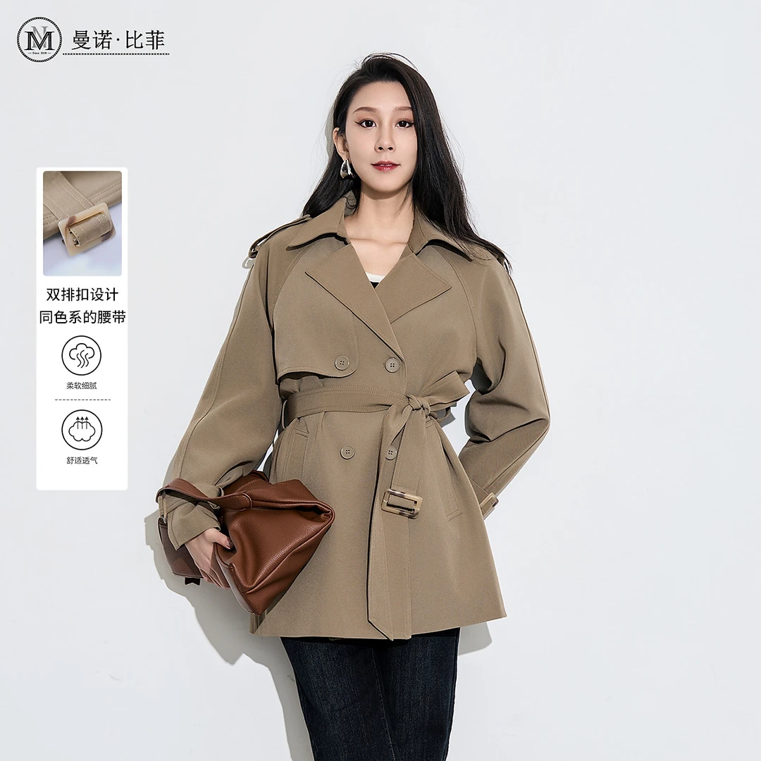 曼诺比菲冬卡其色翻领风衣外套女气质英伦风上衣DMFHG141215