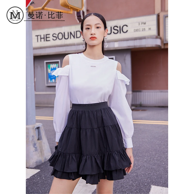 曼诺比菲商场同款春秋季白色长袖t恤女露肩个性MEET113084
