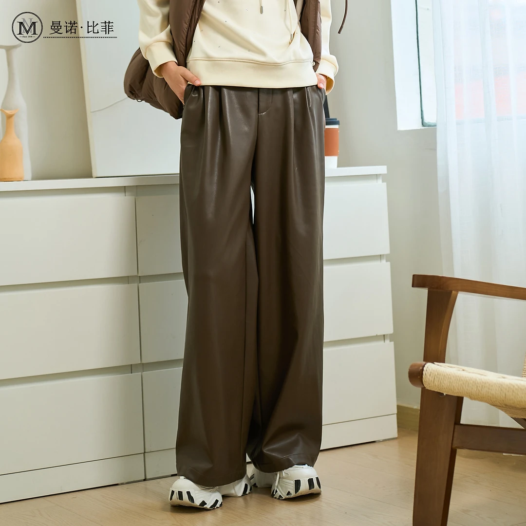 曼诺比菲商场同款冬季高腰宽松阔腿裤PU皮直筒休闲长裤MENK161010