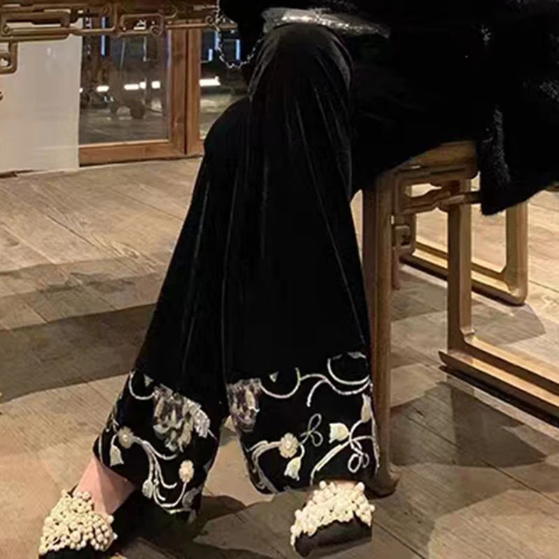 1636亮片丝绒长裤国潮风阔腿裤爆款洋气亮片高腰休闲长裤新款女