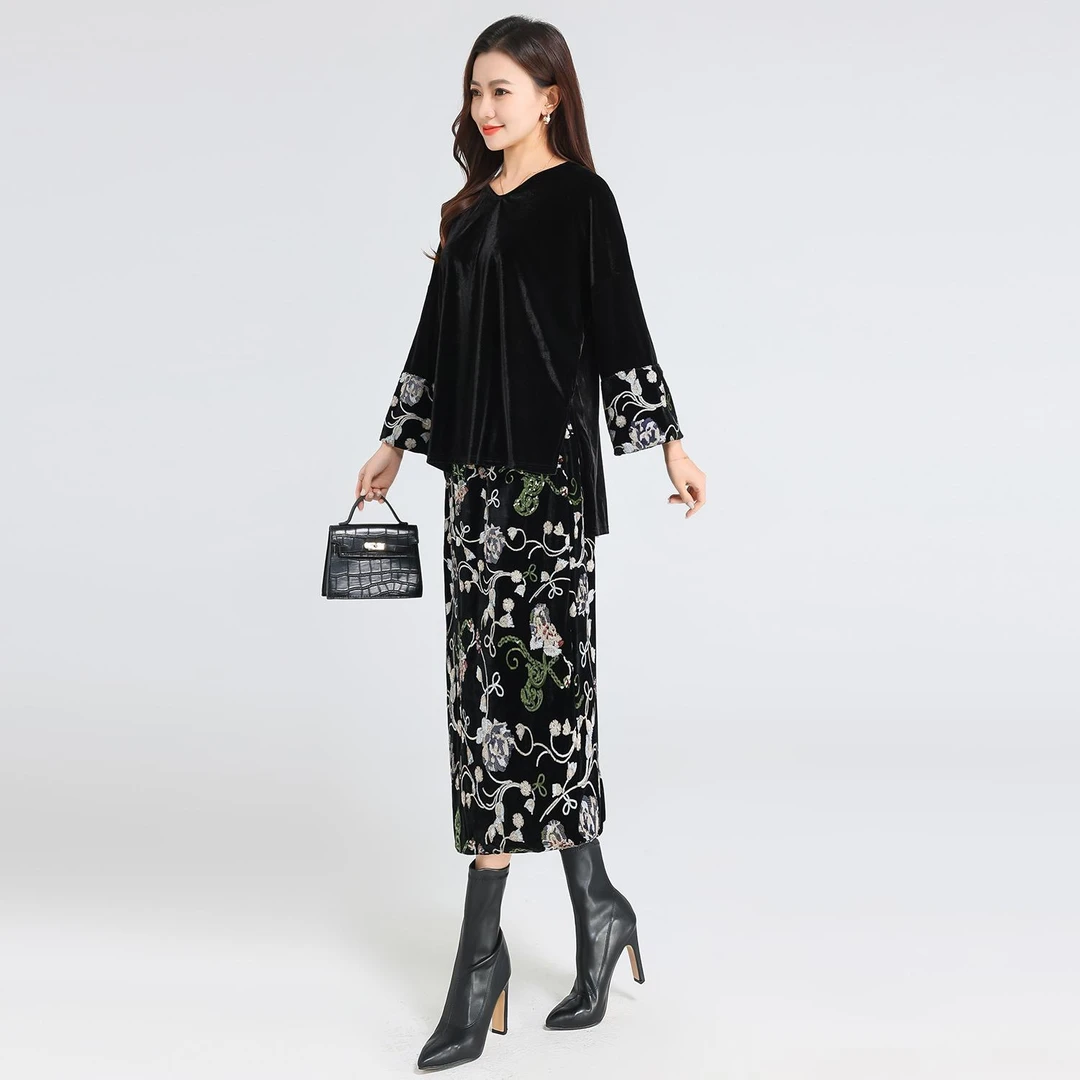 1110重工亮片刺绣气质丝绒套装高贵时尚新中式两件套中老年女装