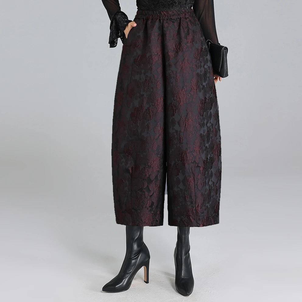 5238提花阔腿裤女装显瘦九分花苞裤冬季新款高腰加绒裤子休闲长裤