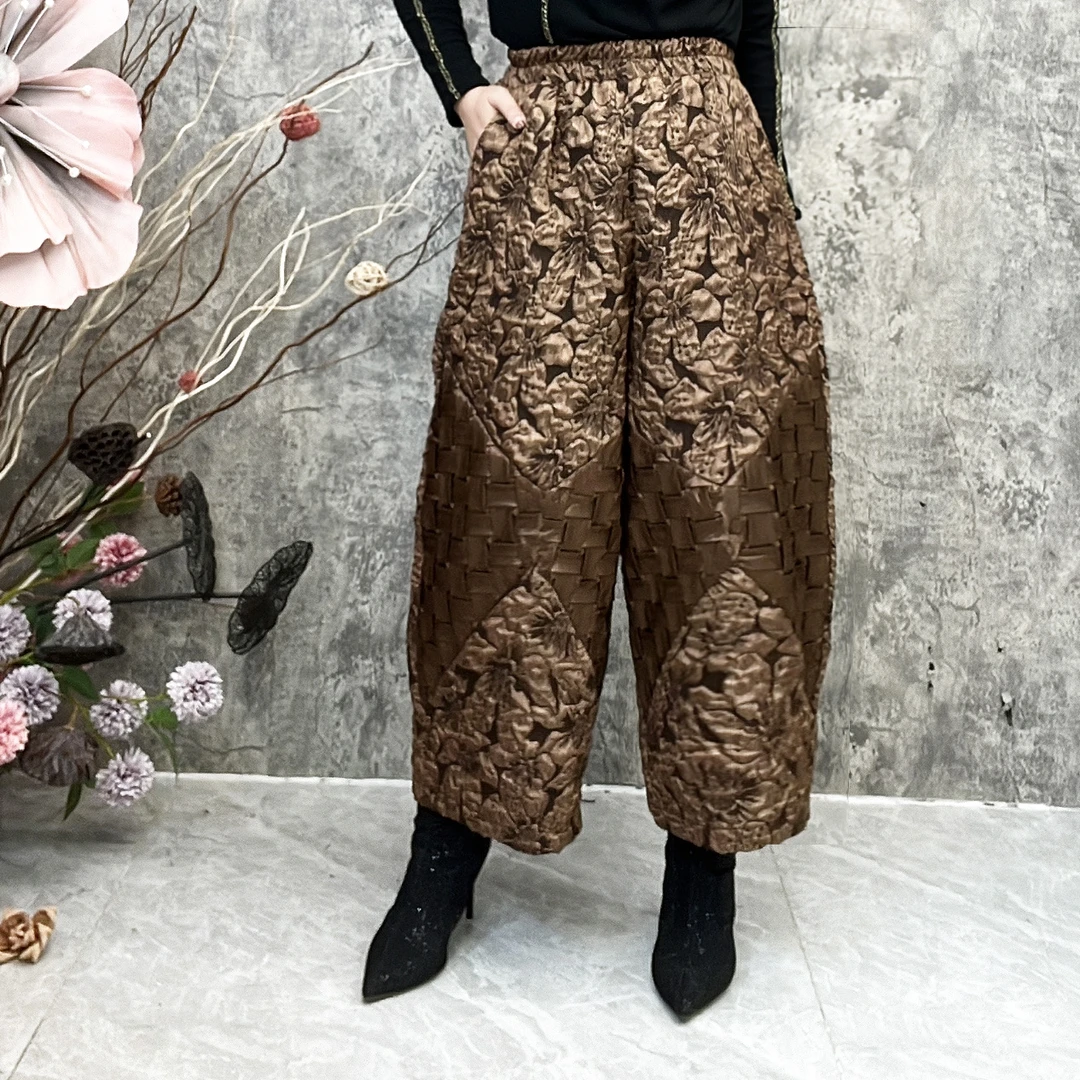 977复古2025新加绒加厚阔腿裤子女百搭洋气裤子女装新款提花裤