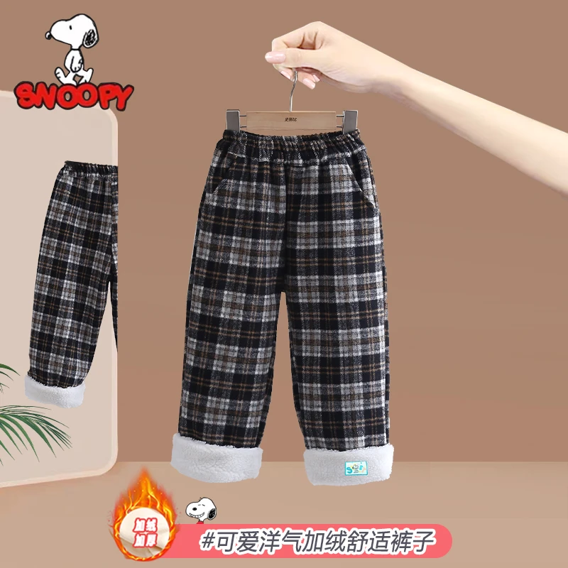 Snoopy/史努比2024秋冬新款儿童格子奶奶裤 女宝宝洋气加绒直筒裤