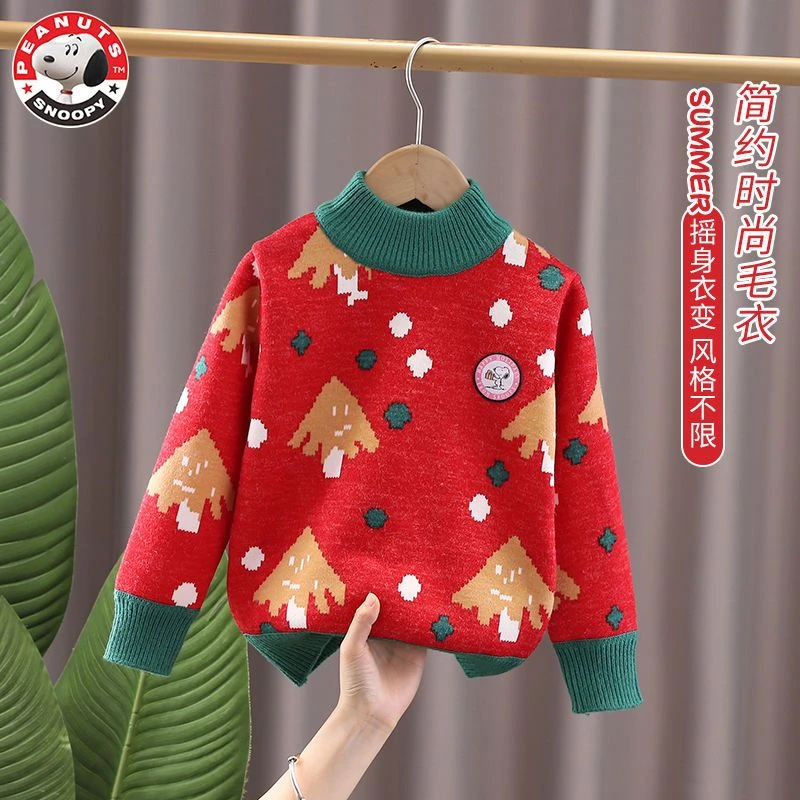 Snoopy/史努比儿童冬季加绒加厚套头毛衣 新款韩版洋气圣诞款毛衣