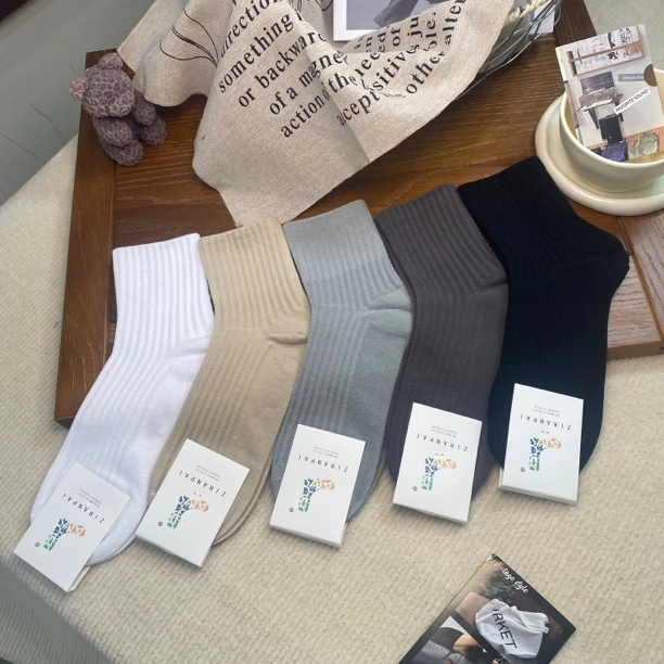 双针宽条纹秋冬加厚款男士纯棉精梳棉袜吸汗袜中长筒全棉袜子男