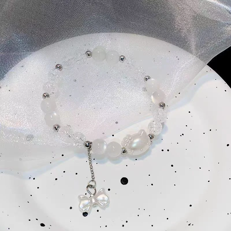 识恩 钛钢仿珍珠手链 ins风手工串珠手饰时尚百搭KT猫蝴蝶结手链