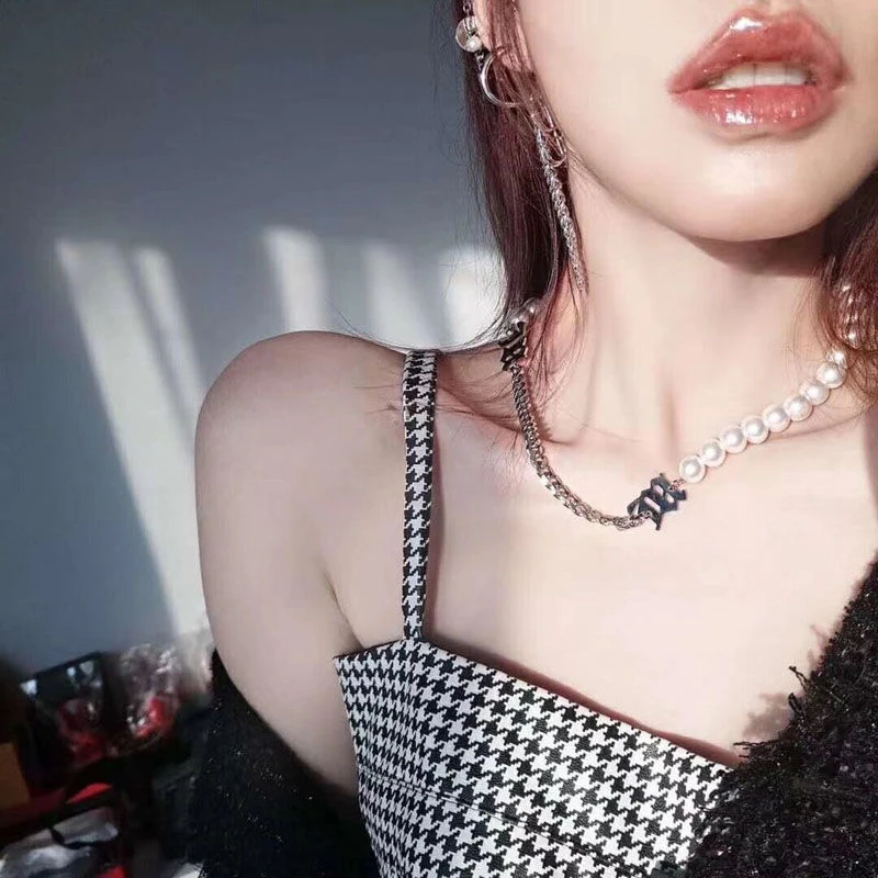 柒桉钛钢仿珍珠项链拼接锁骨链ins冷淡风潮人网红简约气质颈链