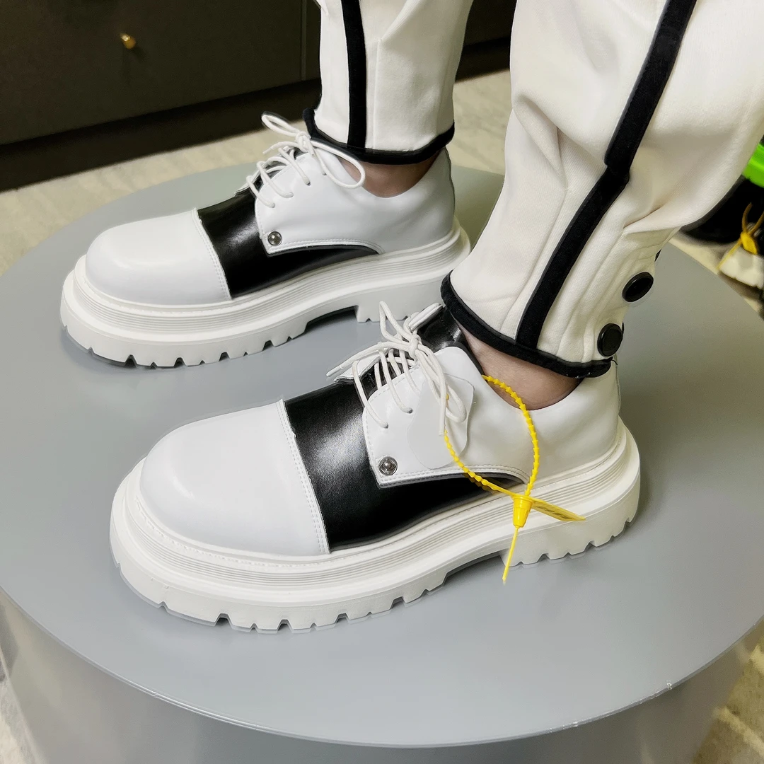 休闲皮鞋男韩版潮流百搭真皮拼色厚底德比鞋松糕底发型师大头男鞋