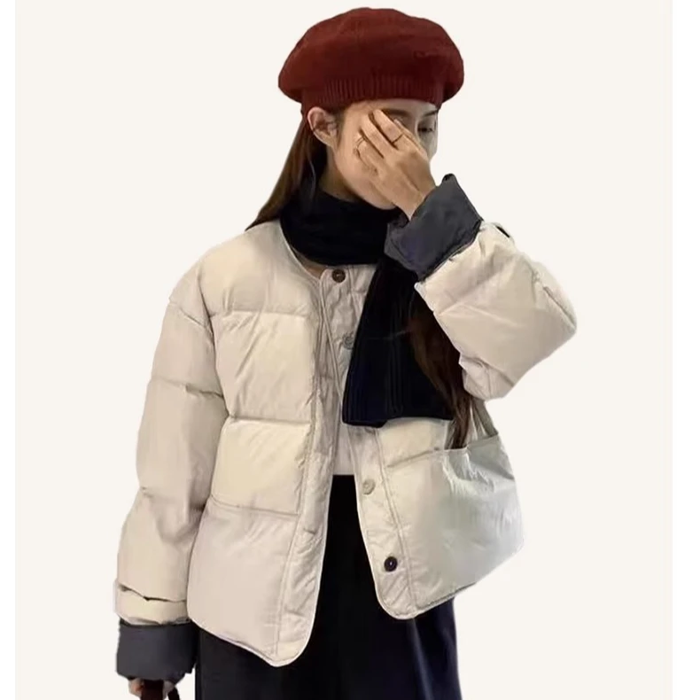 韩系温柔风气质棉服女2025秋冬季新款小个子显瘦撞色圆领棉衣外套